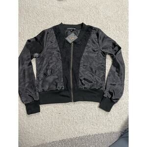 NWT Living Doll Women's Size Small Full Zip Satin Bomber Jacket Black NEW